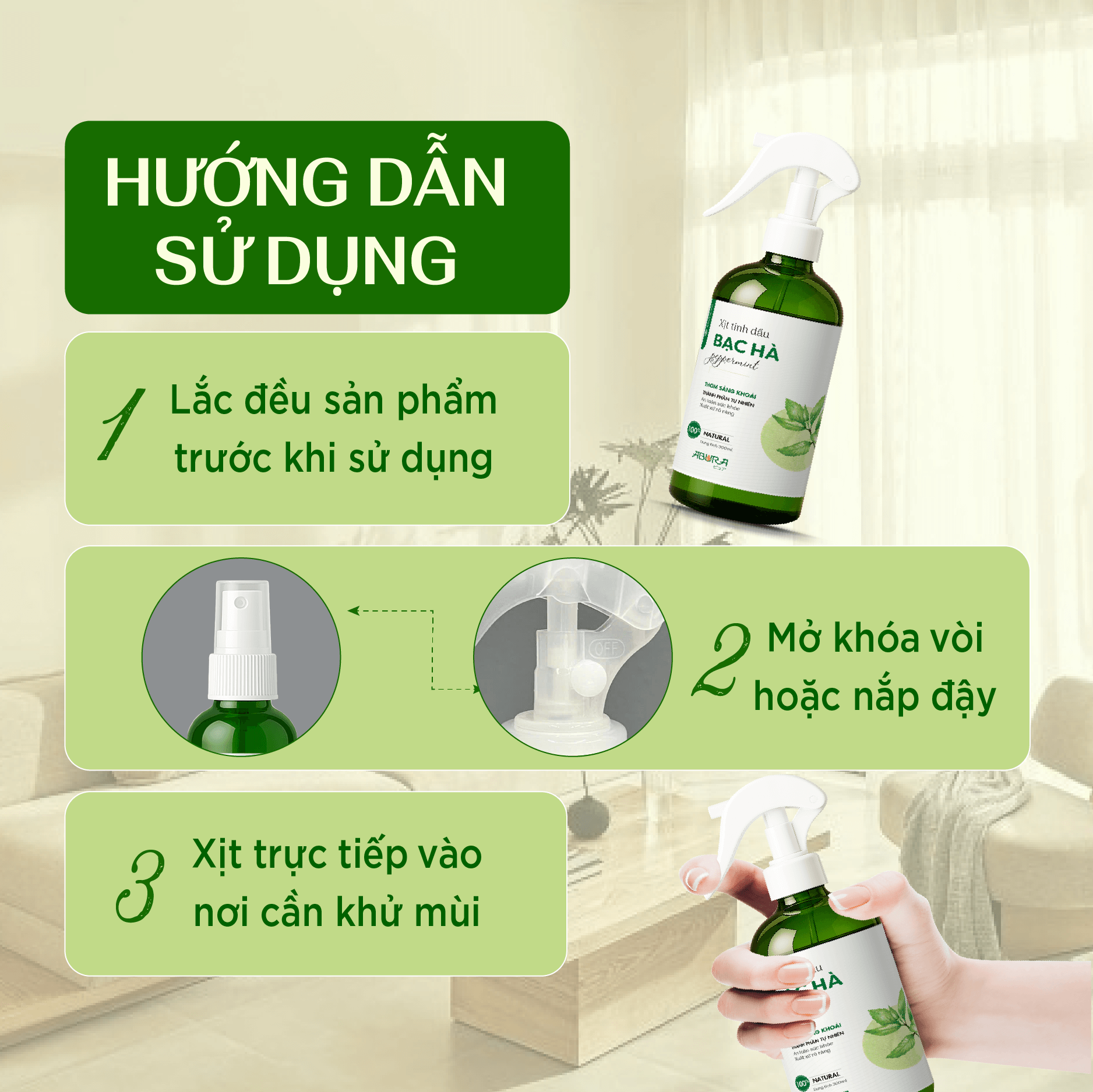 Hướng dẫn sử dụng tinh dầu xịt thơm Bạc Hà ABURA Hướng dẫn sử dụng tinh dầu xịt thơm Bạc Hà ABURA