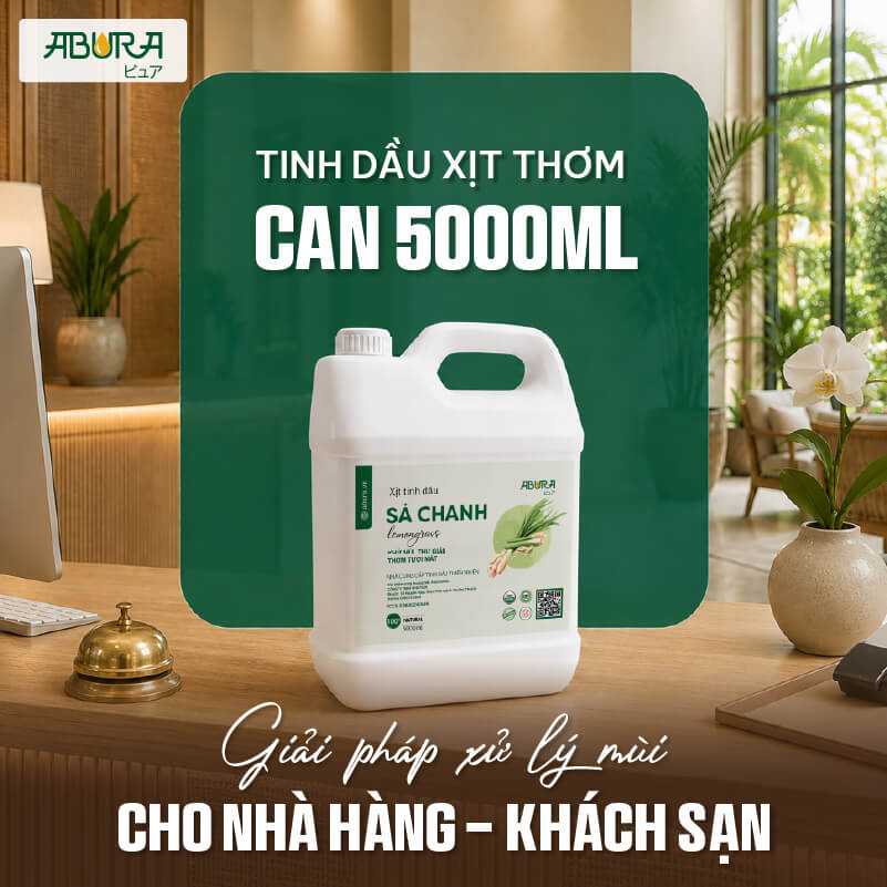Can tinh dầu xịt thơm ABURA 5000ml giúp xử lý mùi trong nhà hàng, khách sạn và không gian kinh doanh quy mô lớn.