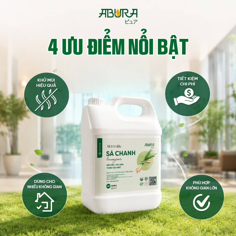 Công dụng nổi bật của can tinh dầu xịt thơm khử mùi ABURA 5000ml dành cho doanh nghiệp.