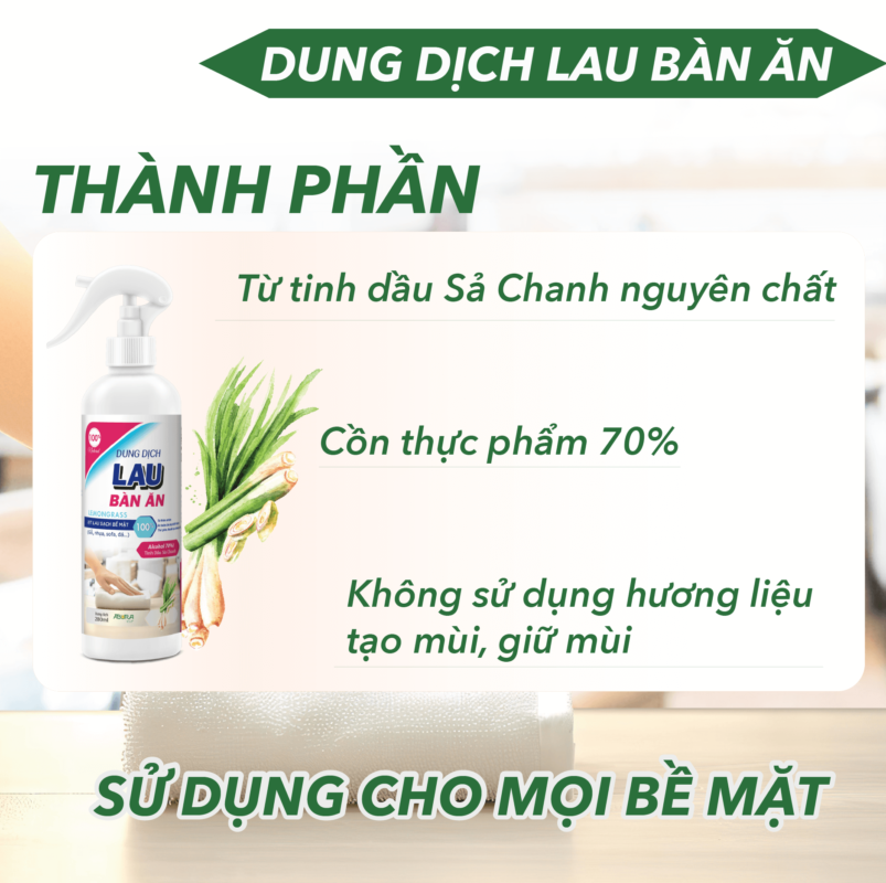 Thông tin về dung dịch lau bàn ăn tinh dầu sả chanh ABURA