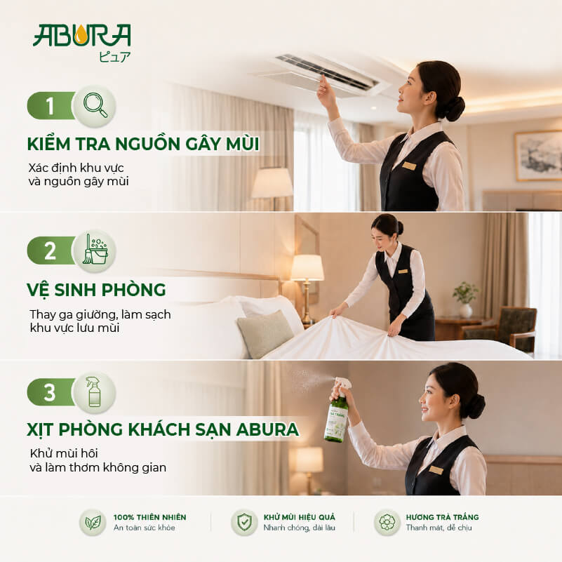 Quy trình sử dụng xịt khử mùi khách sạn kết hợp vệ sinh giúp duy trì không gian sạch mùi